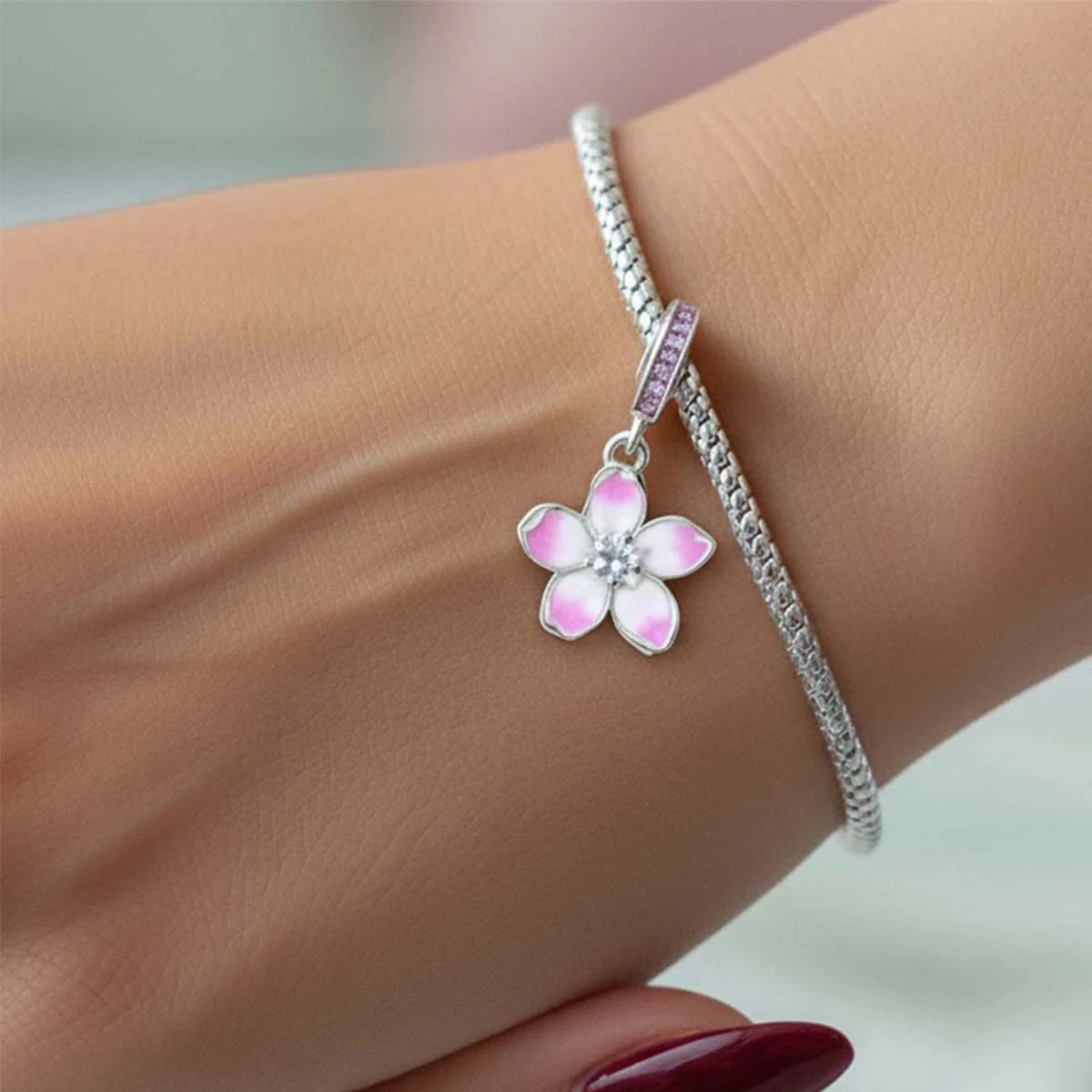 Cherry Blossom Dangle Charm Hallmarked S925 Sterling Silver - Image 5