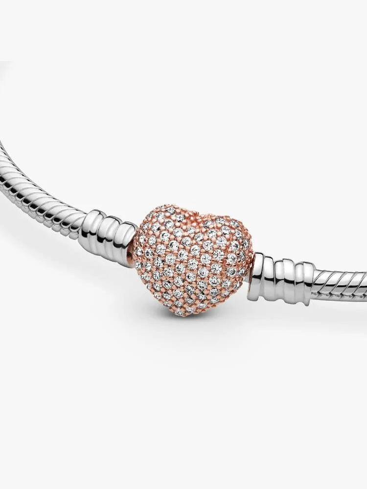 Sparkling Rose Gold Heart & Snake Chain Charm Bracelet - Image 3